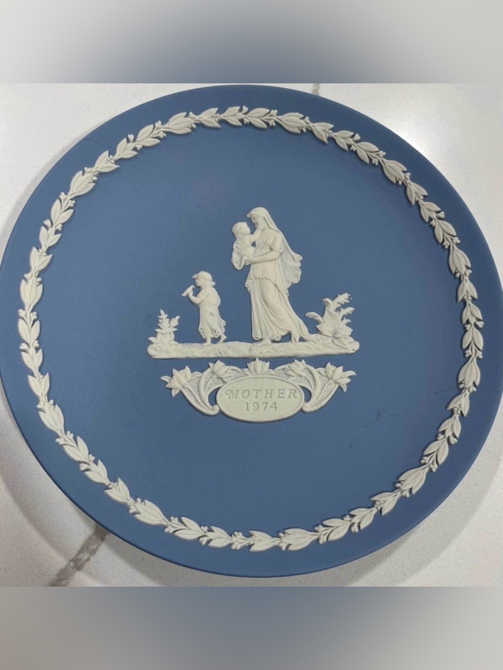Wedgwood Blue & White Mother 1974 Jasperware Plate With Original Box